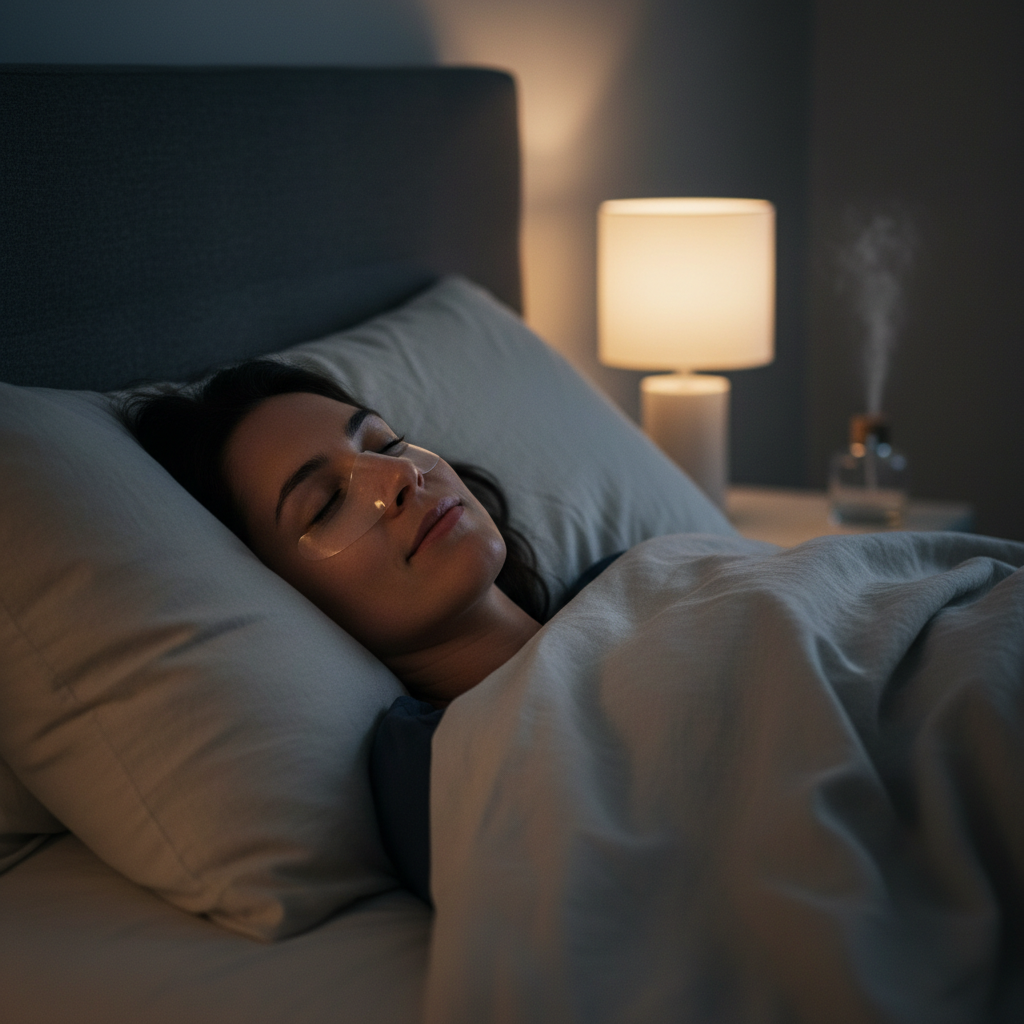 Persona durmiendo plácidamente con tira nasal, habitación oscura y tranquila