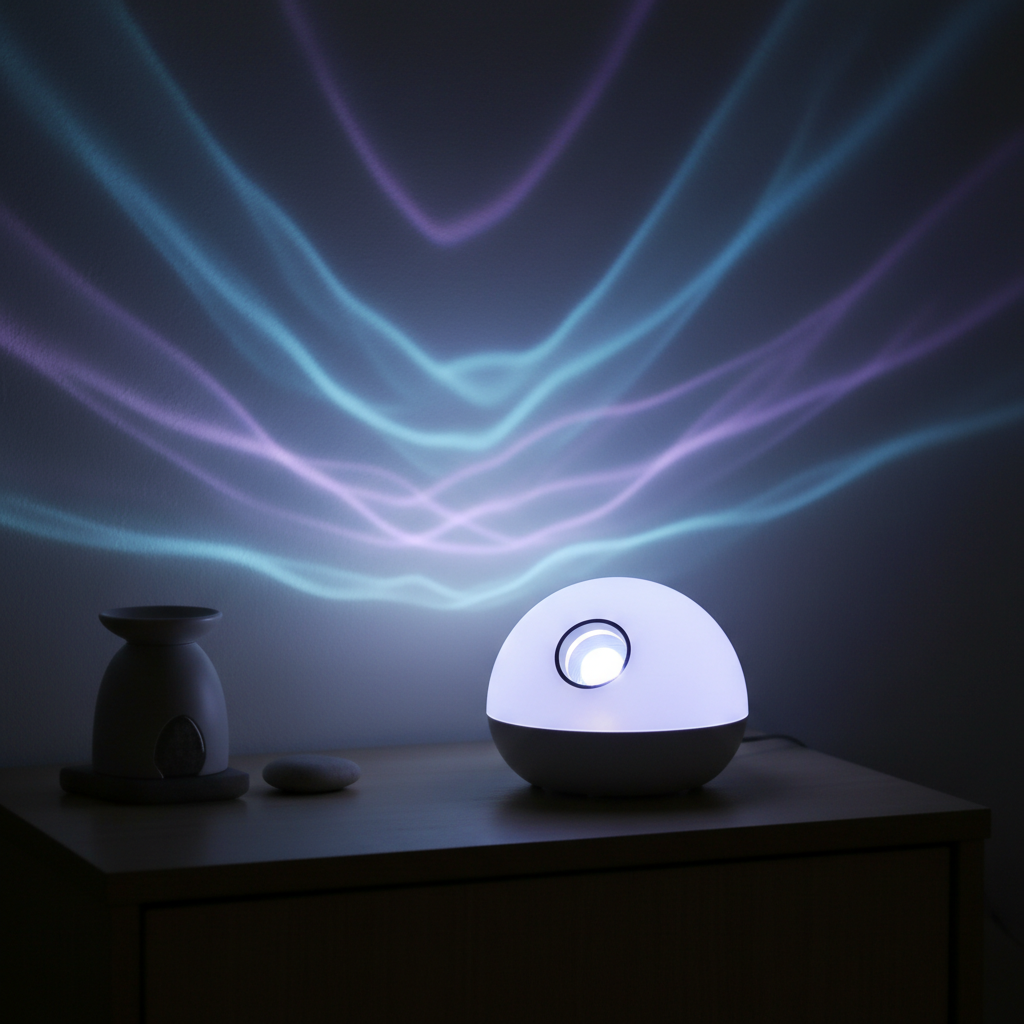 Proyector LED nocturno en mesita de noche con luz azul y morada
