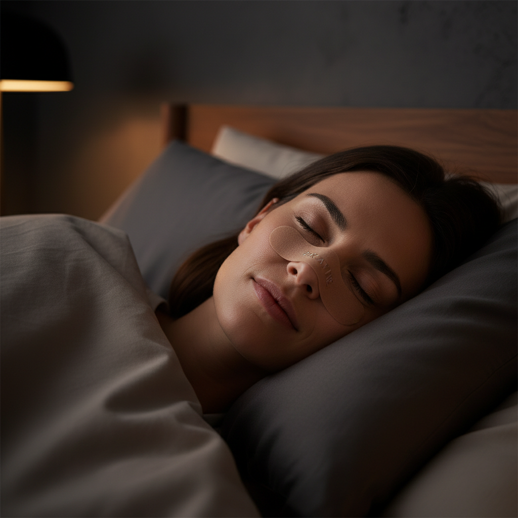 Persona durmiendo con tira nasal en habitación oscura y tranquila