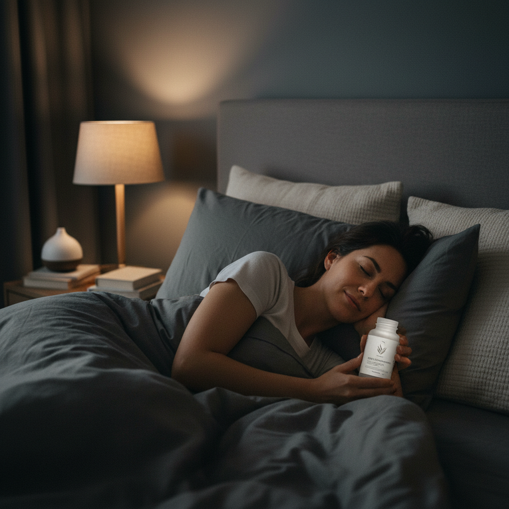 Persona durmiendo plácidamente con suplemento de sueño en habitación oscura
