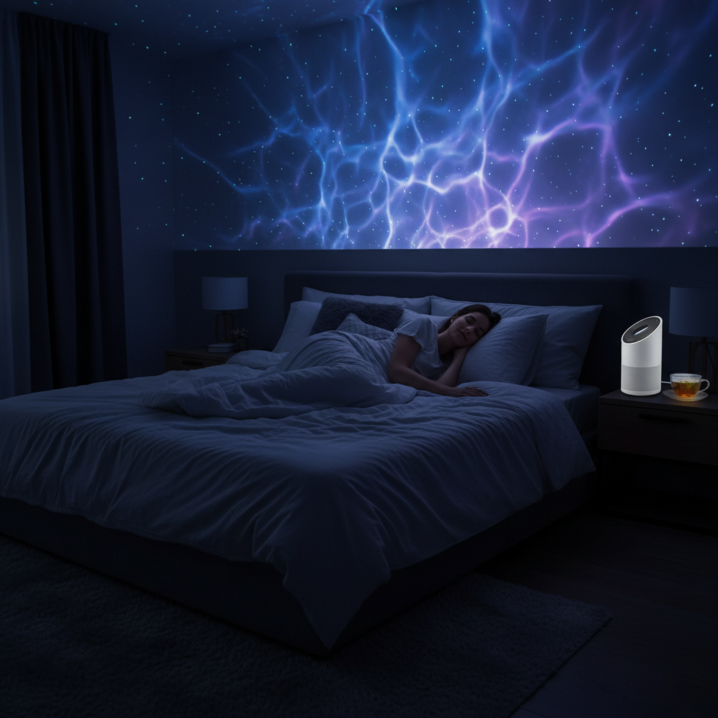 Proyector LED creando olas azules y moradas en el techo de una habitación oscura